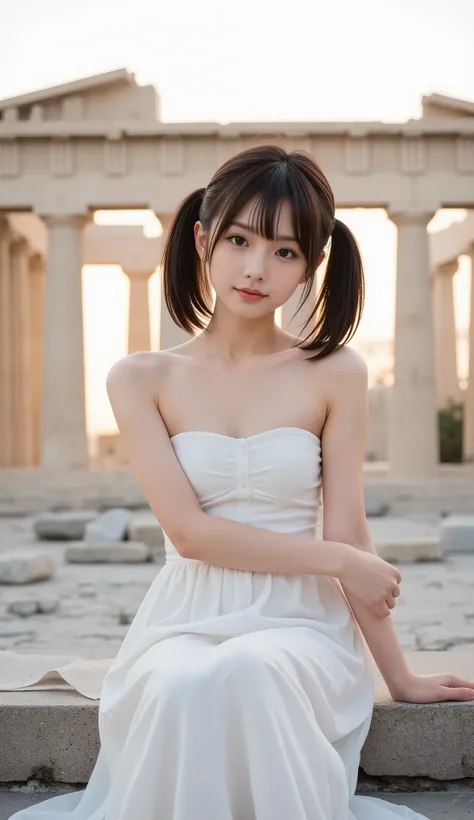 ( 8,000), (Best Quality), RAW photos, (Photo Writing:1.4), Very detailed, very cute Japanese girl,(Very thin), (a very short one, Narrow shoulder girl), ((double ponytail hairstyle)) , gentle smile, ((She was wearing a long white dress)), white lace long ...