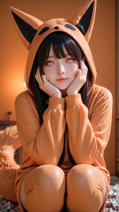 3D animation, beautiful and cute solo girl, ((hinata hyuga)) black hair, bangs, ((pale lavender)) eyes((smooth without pupils)), tiny pink lips, she is wearing ((9 tail fox costume)) slim fit, ((orange color)), she is crouching with her hands on both cheek...