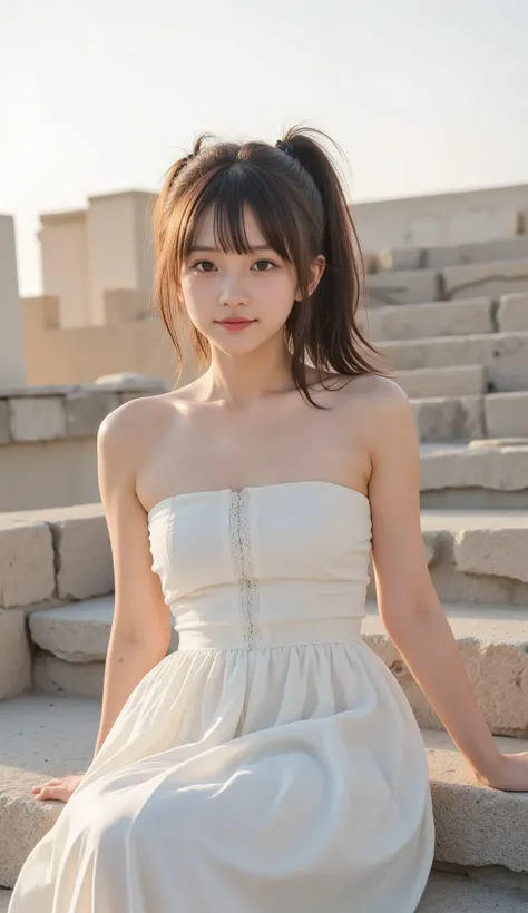( 8,000), (Best Quality), RAW photos, (Photo Writing:1.4), Very detailed, very cute Japanese girl,(Very thin), (a very short one, Narrow shoulder girl), ((double ponytail hairstyle)) , gentle smile, ((She was wearing a long white dress)), white lace long ...