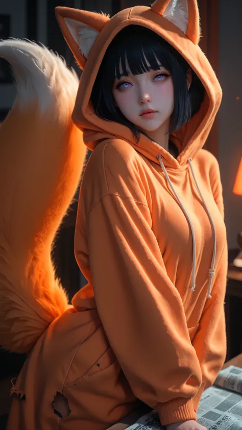 3d animation, solo beautiful and cute girl, ((hinata hyuga))black hair, bangs, smooth pale lavender eyes, tiny pink lips, she is wearing((9 tail fox costume))slim fit, ((orange color)), she is posing((adorably)), newspaper background with torn effect in th...