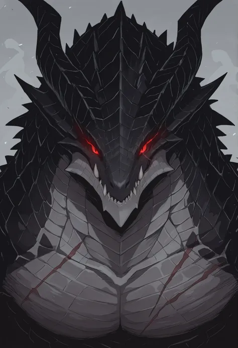 dragon anthro, black and white scales, red eyes, strong, horns, scar, very awa, masterpiece