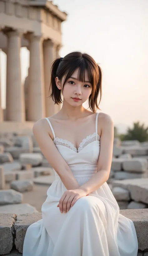 ( 8,000), (Best Quality), RAW photos, (Photo Writing:1.4), Very detailed, very cute Japanese girl,(Very thin), (a very short one, Narrow shoulder girl), ((double ponytail hairstyle)) , gentle smile, ((She was wearing a long white dress)), white lace long ...
