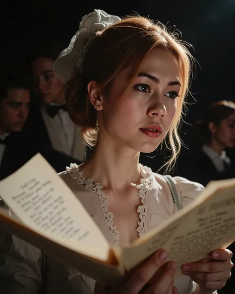 masterpiece, 8k, Highest Quality, detail, high resolution, Digital Photo, ultra detailed, photorealistic portrait of a young actress during intense stage play rehearsal, captured from 3/4 viewer perspective, her face showing complex emotional blend of dete...