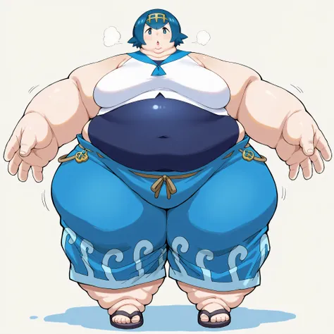 1lana1, short hair, blue hair, blue eyes
2default2, yellow hairband, swimsuit under clothes, blue swimsuit, white shirt, sleeveless shirt, baggy pants, blue pants, blue sailor collar, sandals, wave pattern pants, breasts, fat, chubby, obese, fat neck, mult...