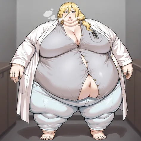La_Monica
1girl, solo, blonde hair, long hair, side ponytail, hair between eyes,
hair tie, white hair tie,
lab coat, white lab coat, shirt, gray shirt, shirt with golden buttons, unbuttoned shirt, light blue pants, chest pocket, pen in chest pocket, breast...