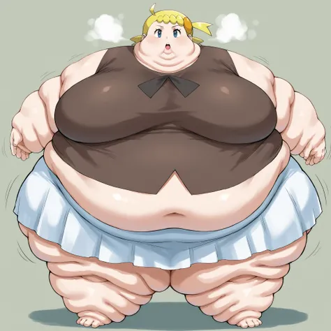 zzBonnie, bonnie_(pokemon), blue eyes, ahoge, blonde hair, hair ornament, short hair, side ponytail, brown shirt, white skirt, breasts, fat, chubby, obese, fat neck, multiple chins, big breasts open mouth, out of breath, Larger female, full body shot, only...
