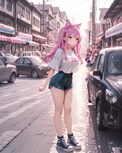 Frontal angle (masterpiece, 4k, ultra-detailed, vibrant colors), {girl}: (a girl with long pink hair wearing a pink cat ear headband, perfect body, brown eyes, wearing casual clothes, white t-shirt, shorts and Converse-style sneakers, standing in a cute po...