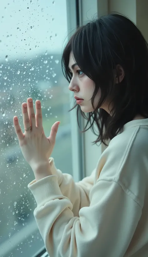 real2111,sasas211,A teen girl stands beside a rain-fogged window, her face reflected softly in the glass as she wakes from an intense dream she wishes she could return to. She wears an oversized cream sweatshirt, sleeves bunched at her wrists. Her hair is ...