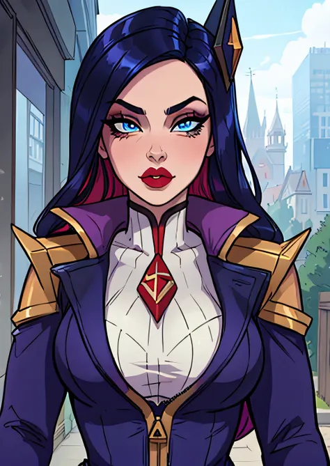 masterpiece, best quality, 1female, face portrait, beautiful, portrait, deep makeup, lipstick, 1girl, face focus, goth, battle academia caitlyn, 1girl, multicolored hair, blue eyes