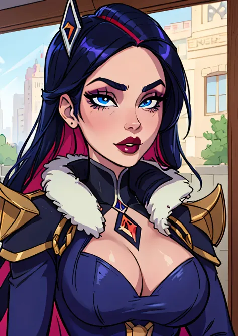 masterpiece, best quality, 1female, face portrait, beautiful, portrait, deep makeup, lipstick, 1girl, face focus, goth, battle academia caitlyn, 1girl, multicolored hair, blue eyes