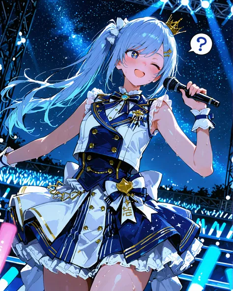 masterpiece, best quality, ultra-detailed, perfect anatomy, 
748cmstyle, 
anime style, side ponytail, straight hair, swept bangs, navy blue hair, deep navy eyes, mini crown, hairpin, light red idol clothes, hand up holding a microphone, dancing, dynamic ac...