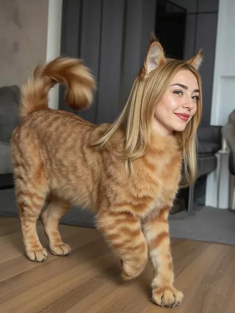 (masterpiece, High quality, high resolution hairstyle, hyperrealistic photograph), Majestic feminine woman, Walking on all fours, feline anatomy, woman's face, female head, side view, muscular legs, beautiful female face delicate features, long, silky blon...