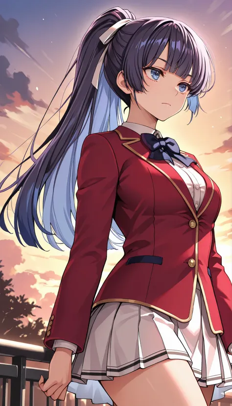 score_9_up score_8_up score_7_up, mako amikura, 1girl, ponytail, long hair, hair ribbon, purple hair, blue hair, ribbon, bangs, high ponytail,glossy lips,
white shirt, red blazer(buttoned blazer), collared shirt, white skirt, bowtie, thigh,medium_breasts, ...