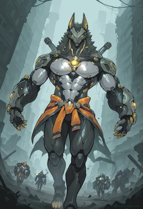 A towering, monstrous anthro jackal mechanical war machine. The character has a balanced yet muscular physique. His body is a fusion of rubber goo slimy texture and black steel scales, with muscle-shaped armor that highlights his musculature.
The armor is ...
