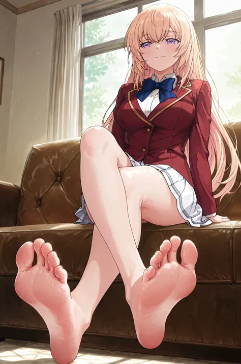 Ichinose Honami,hair between eyes, very long hair, blonde hair, purple eyes
blazer, red jacket, collared shirt, white shirt, blue bowtie, long sleeves, miniskirt, pleated skirt, white skirt , ,with the anime-style illustration emphasizing quiet stillness t...