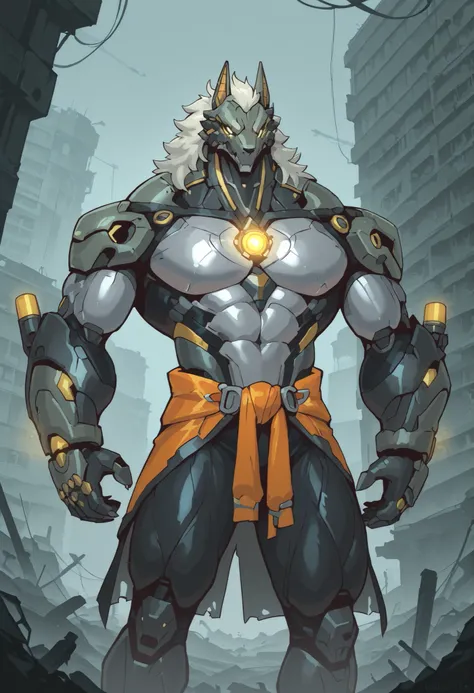 A towering, monstrous anthro jackal mechanical war machine. The character has a balanced yet muscular physique, thick arms and legs, and a wide, bulky chest. His body is a fusion of rubber goo texture and black steel scales, with muscle-shaped armor that h...