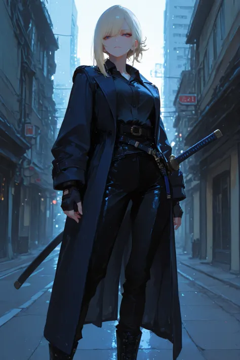 sheathed katana, 748cmstyle, 1girl, ultrahd, best quality, highres, 8k, masterpiece, perfect anatomy, detailed eyes, expressive eyes, captivating gaze, dark blue eyes, looking at viewer,
platinum blonde hair, medium length hair, side-swept bangs, hair par...