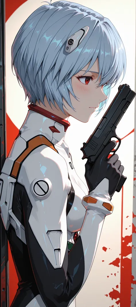 1girl, Alone, Rei Ayanami \( Evangelion\), r31ayanam1, red eyes,BLUE HAIR, short hair, blush, side view, she points a gun at the spectator, ((split color abstract background)), ( shadow ), cute, mirando al espectador, intricate details, masterpiece, High q...