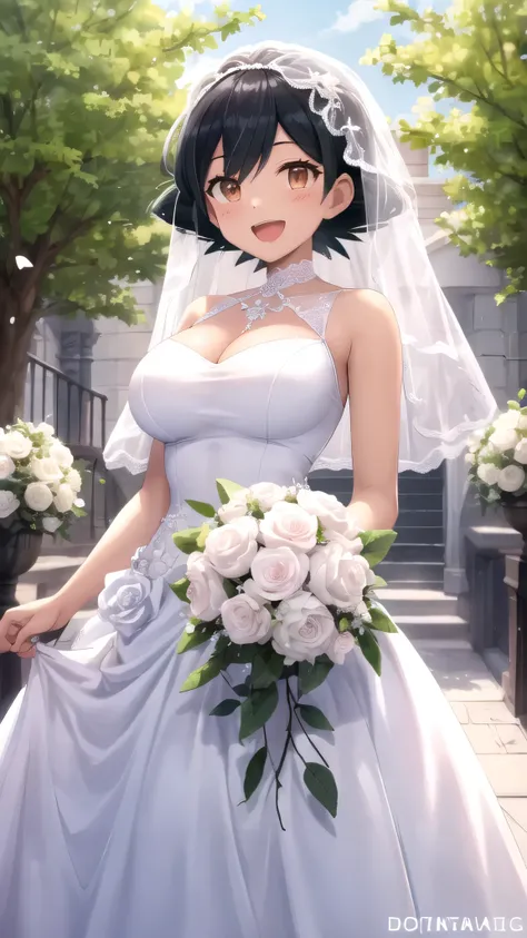 masterpiece, best quality, high quality, girl, solo, looking at viewer, Ash Ketchum, Black hair, Brown eyes, large breasts, wedding Dress, standing, smile, open mouth, outdoors 
