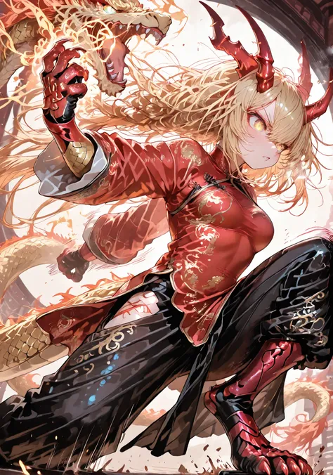 masterpiece、top quality、8k,dynamic pose、dynamic angle、one woman (android dragon girl,（（Golden scaly skin））, long golden hair, golden eyes,（（赤い dragon patterned Chinese dress））, Kung Fu girl、giant mechanized dragon claws, giant mechanized dragon feet,  drag...