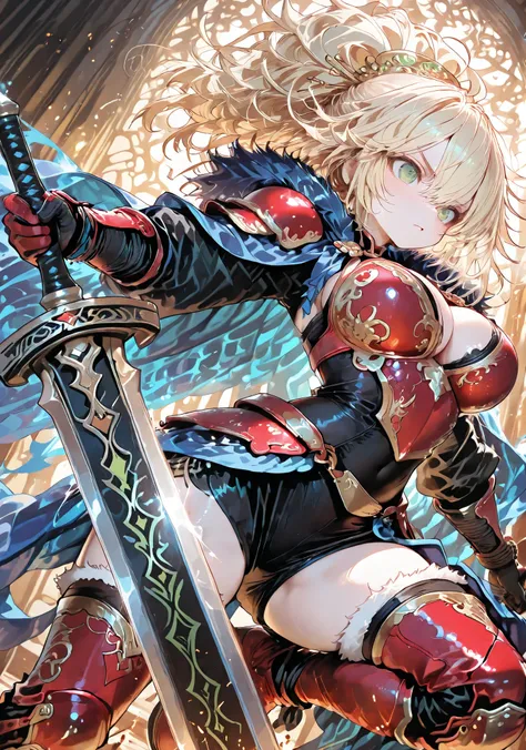 masterpiece、top quality、8k,dynamic pose、dynamic angle ,(Romancing SaGa 2's Final Empress), a woman (tied up hair, blonde hair, green eyes, red armor, gold decorations, A blue cape with white fur , White fur muffler, large breasts, slim waist
，white long bo...