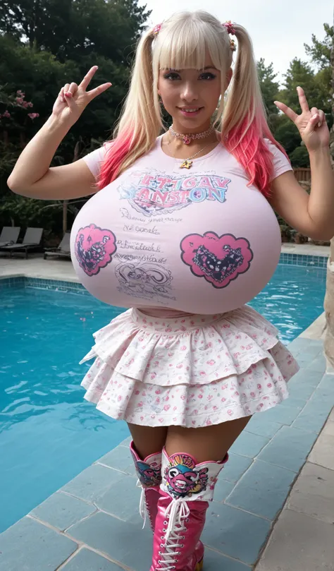 masterpiece, best quality, amazing quality, solo, ((double v over eye, dynamic  angle,cinematic angle, looking viewer:1.3)), loli,shortstack,  (hourglass figure), (hime cut twintail, straight bangs, pink 2tone  hair), hyper  breast, (fabric stretching over...