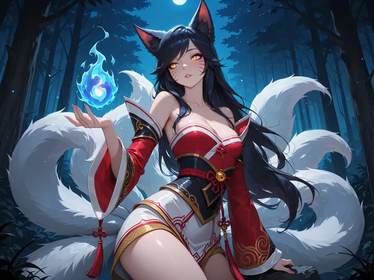 amazing quality,best quality,ultra-detailed,8K,illustration,CG, ultra-detailed-eyes, detailed background,masterpiece, 1girl, adult, solo, ahri (league of legends), league of legends, long hair, black hair, yellow eyes, facial mark, fox ears, detached sleev...
