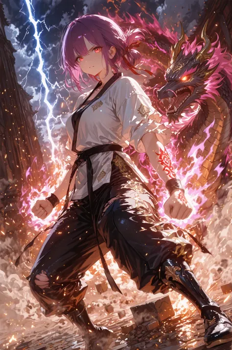 (masterpiece, detailed:1.2), A female martial arts grandmaster unleashing a devastating hundred-fist technique. Purple hair tied back tightly, strands whipping in the air as she moves, a single heir ring swaying behind her. Intense red eyes filled with kil...