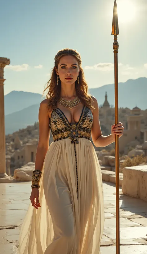 Emily Blunt reimagined as a majestic, alluring Greek goddess Athena walking and holding a bronze-tipped spear, 1 female, full figure, full body, elegant yet commanding décolletage, striking almond-shaped eyes lined with kohl, radiating serene intelligence ...