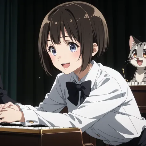 gray pheasant tiger cat、short cut girl in dark hospital、 playing the piano、younger, Black-haired character , presumably children or teenagers , , Smile of joy, dynamically drawn , dark gray similar to cats and dogs, background full of stars. They have wh...