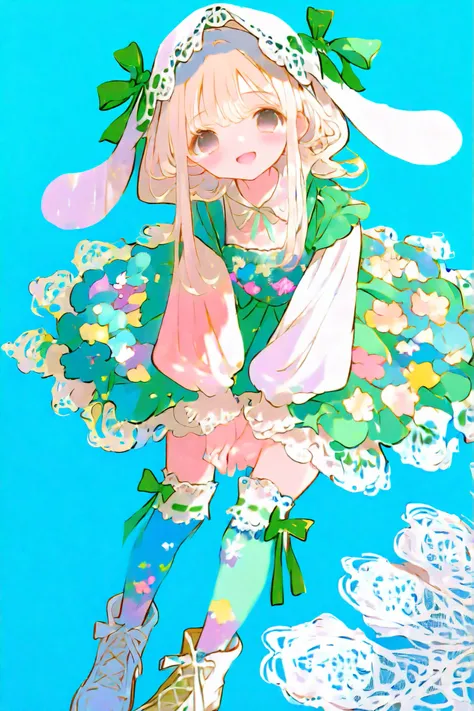 thin lines, thin colors, watercolor, soft touch, colorful, fantasy, full body, (looking viewer :1.5), lolita theme, wide shot, dynamic pose,
1 girl, solo, blonde hair, long hair, black eyes, blush stickers, joyful excited laughter, wide open mouth, large...