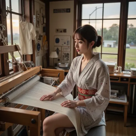  An attractive Japanese glamour model concentrates on textiles in an old wooden workshop.。 she only wears a traditional kimono jacket.、shoulders are exposed。 her fingertips manipulate lohm with skilled movements.、She weaves delicate Japanese patterns.。 is ...