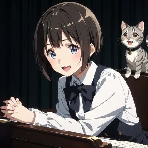 gray pheasant tiger cat、short cut girl in dark hospital、 playing the piano、younger, Black-haired character , presumably children or teenagers , , Smile of joy, dynamically drawn , dark gray similar to cats and dogs, background full of stars. They have wh...