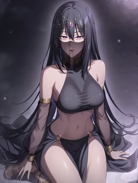 1girl, solo,long hair, black hair, purple eyes, hair between eyes veil, mouth veil, circlet, arabian clothes, gold choker, turtleneck, covered collarbone, bare shoulders, black crop top, detached sleeves, see-through sleeves, midriff, navel, o-ring, waist ...