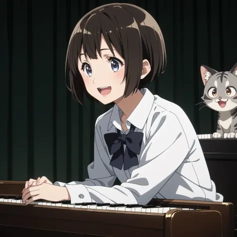 gray pheasant tiger cat、short cut girl in dark hospital、 playing the piano、younger, Black-haired character , presumably children or teenagers , , Smile of joy, dynamically drawn , dark gray similar to cats and dogs, background full of stars. They have wh...