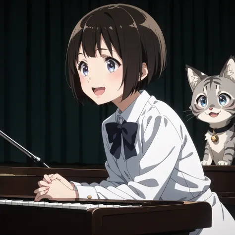 gray pheasant tiger cat、short cut girl in dark hospital、 playing the piano、younger, Black-haired character , presumably children or teenagers , , Smile of joy, dynamically drawn , dark gray similar to cats and dogs, background full of stars. They have wh...