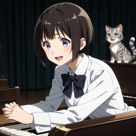 gray pheasant tiger cat、short cut girl in dark hospital、 playing the piano、younger, Black-haired character , presumably children or teenagers , , Smile of joy, dynamically drawn , dark gray similar to cats and dogs, background full of stars. They have wh...
