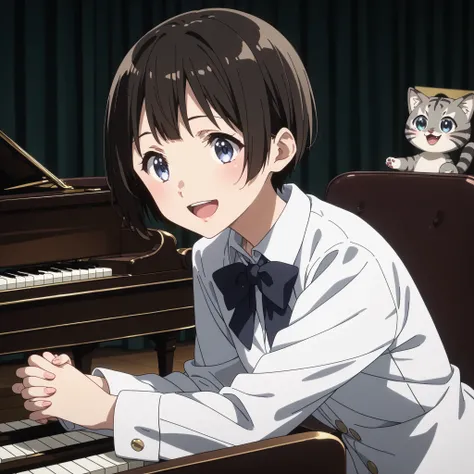 gray pheasant tiger cat、short cut girl in dark hospital、 playing the piano、younger, Black-haired character , presumably children or teenagers , , Smile of joy, dynamically drawn , dark gray similar to cats and dogs, background full of stars. They have wh...
