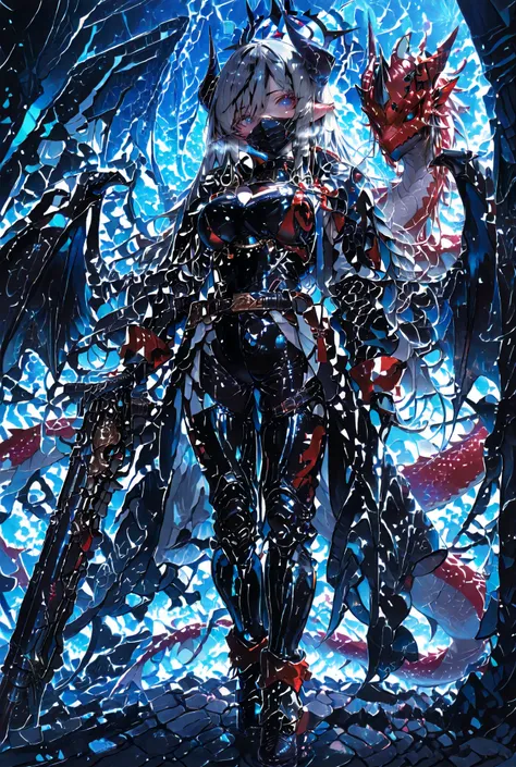 最high image quality、high image quality、solo、Monster Hunter Wild、 Rathalos guardian dragon、Beautiful girl、tall(Over 180cm)、Boobs Are G Cups or Larger,Big Breasts,The main color is black、Blue Stripes、dark haired、long hair、The hair reaches my feet、Machine Dra...