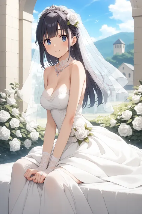 masterpiece,top quality,((detailed and beautiful face and eyes sitting on the bed)), on bottom half Highly detailed background,church、(outdoor:1.5)
Makinohara Sachiko,long hair,black hair,braids,blue eyes,medium breasts,
solo,1girl,hairstyle caught on a st...