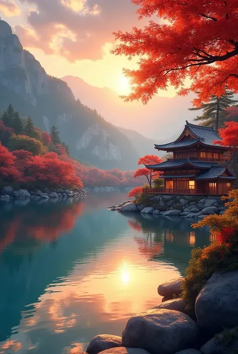 A serene mountain village nestled by a crystal-clear lake during autumn sunset, traditional wooden houses with intricate carvings, vibrant maple trees with fiery foliage, warm golden hour lighting reflecting on water surface, detailed natural landscape, at...