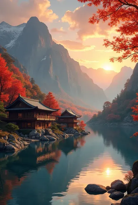 A serene mountain village nestled by a crystal-clear lake during autumn sunset, traditional wooden houses with intricate carvings, vibrant maple trees with fiery foliage, warm golden hour lighting reflecting on water surface, detailed natural landscape, at...