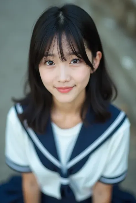 masterpiece，4K，top quality，Beautiful Japanese woman，Detailed portrayal，1 girl，18yr old，(idol style super cute face)，(white short sleeve shirt，Sailor school uniform，Dark blue pleated skirt)，Black hair，Slightly long wave head，natural style，Depth of field，(Vi...