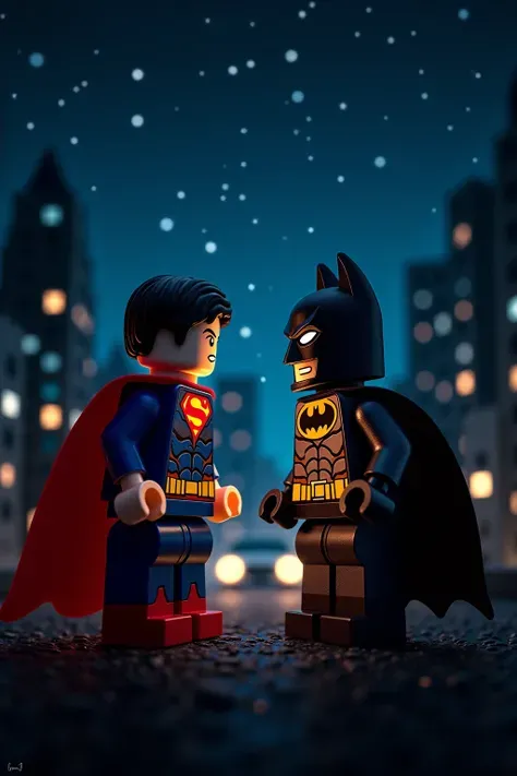 Lego art version of Superman and Batman，Night scene