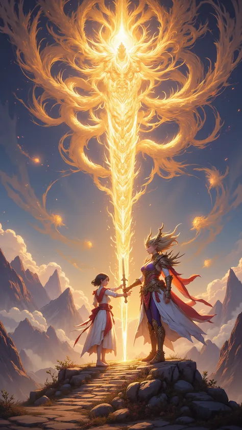 A beautiful female warrior clad in intricately ornate armor inspired by iconic Dragon Quest female fighters stands on a sacred mountaintop as a radiant god descends from the celestial realm. The divine deity, exuding luminous benevolence, reaches out to be...