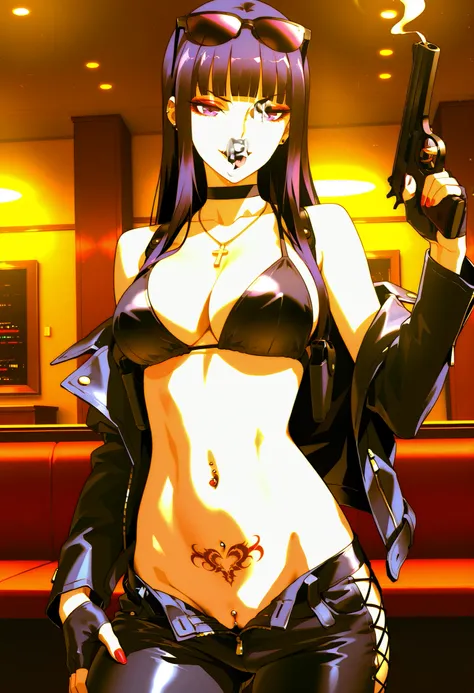 1girl,mature female, sakatoku mai, purple eyes, long hair, black hair, blunt bangs, , makeup, eyeshadow, lipstick, nail polish, ear piercing, long hair, , lipstick, Hot girl, baddie, smoking, sensual, attractive ,choker, ,cross necklace,,,bar background, i...