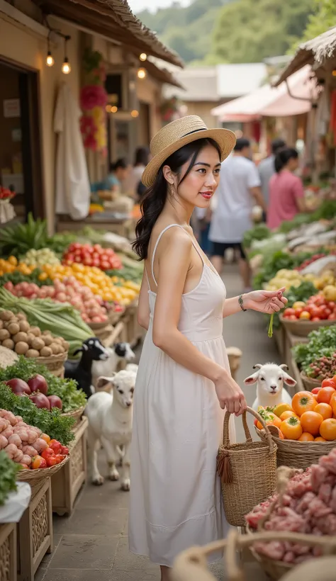 At a lively morning market、A beautiful woman in her mid-20s is picking fresh vegetables and fruits。she wears a white linen dress、wearing a straw hat、Seven little goats holding a basket 。the morning sun gently illuminates her profile、and is surrounded by co...