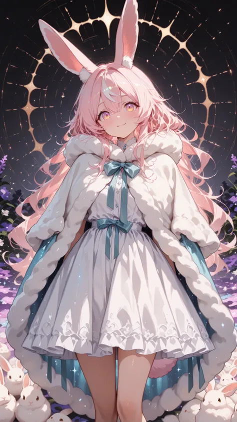 high quality, masterpiece, ultimate detail, 1 girl, Long Rabbit Ears ,droopy ears, fluffy long hair, Cream Hair, soft texture like rabbit hair, big kind eyes, Fluffy White Dress, fluffy cape , Big Ribbons on Her Neck, cute expression peeking through a grey...