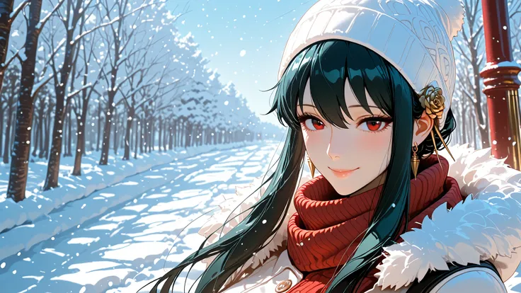 Yor briar, aesthetic, snow, winter outfit, smile, cinematic, dramatic