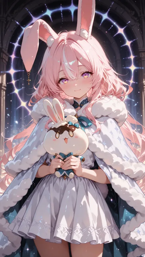 high quality, masterpiece, ultimate detail, 1 girl, Long Rabbit Ears ,(((droopy ears))),fluffy long hair, Cream Hair, soft texture like rabbit hair, big kind eyes, Fluffy White Dress, fluffy cape , Big Ribbons on Her Neck, cute expression peeking through a...